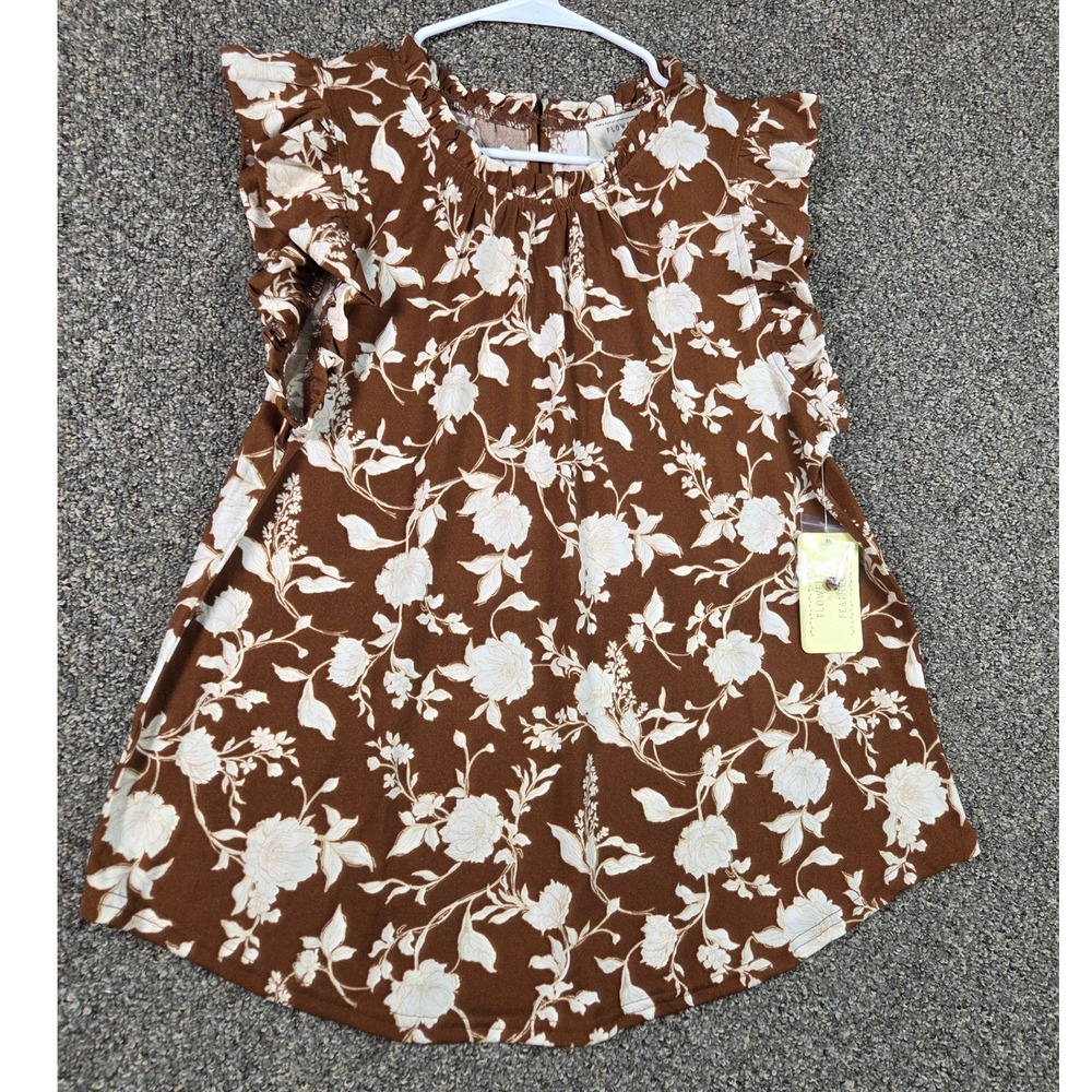 Flower & Feather Blouse Women L Brown‎ Floral Ruffle Sleeve NWT TB8741Y-D